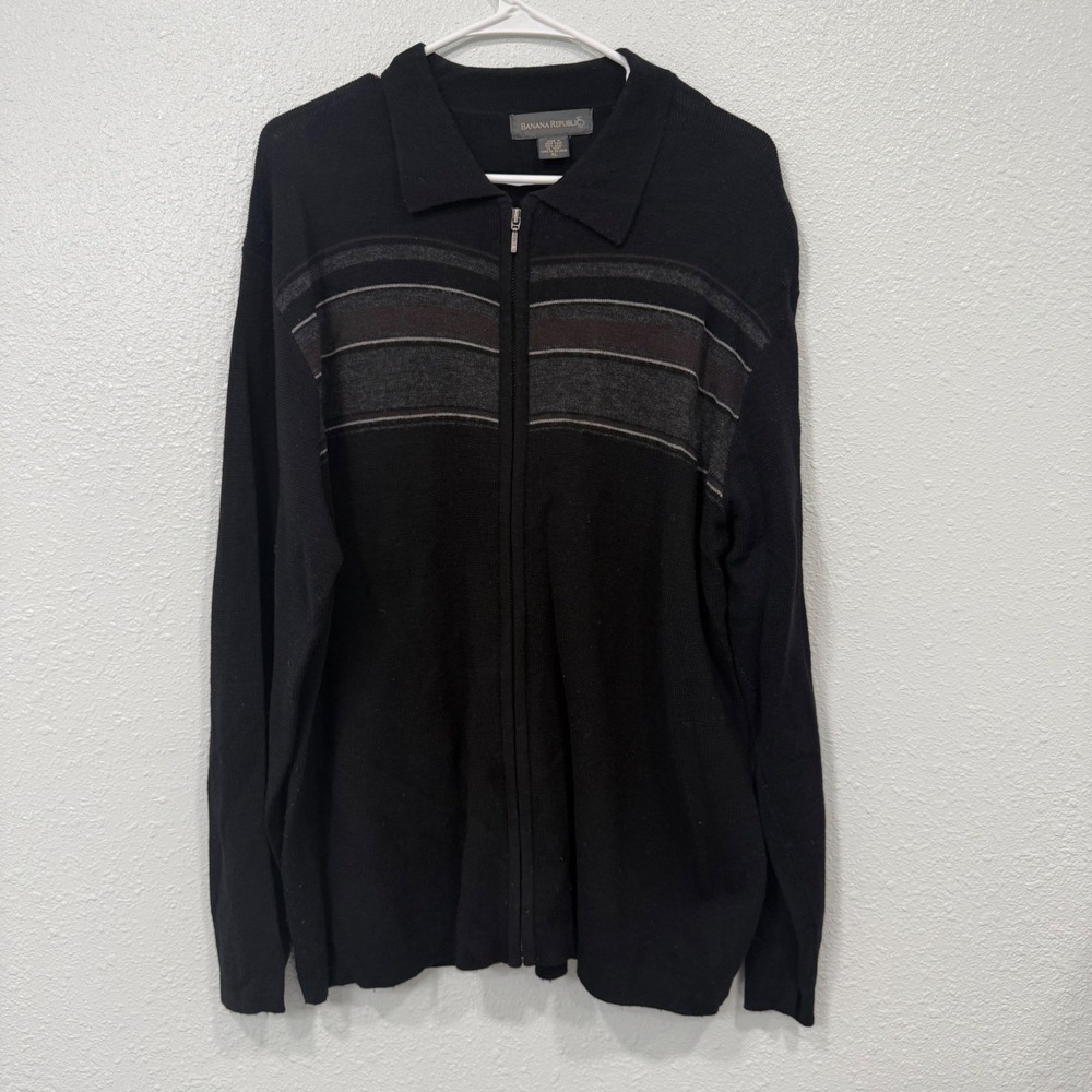 Banana Republic Mens XL Full Zip 100% Wool Sweater Striped Long Sleeve Knit‎